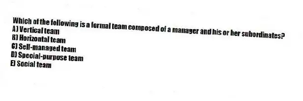 Which of the following is a formal team composed of a manager and his or her subordinates?
A) Vertical team
B) Horizontal team
C) Self-managed team
D) Special-purpose team
E) Social team
