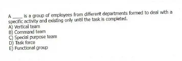 A ____ is a group of employees from different departments formed to deal with a specific activity and existing only until the task is completed.
A) Vertical team
B) Command team
C) Special purpose team
D) Task force
E) Functional group