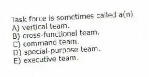 Task force is sometimes called a(n)
A) vertical team.
B) cross-functional team.
C) command team.
D) special-purpose team.
E) executive team.