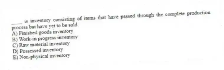 ____ is inventory consisting of items that have passed through the complete production process but have yet to be sold.
A) Finished goods inventory
B) Work-in progress inventory
C) Raw material inventory
D) Possessed inventory
E) Non-physical inventory