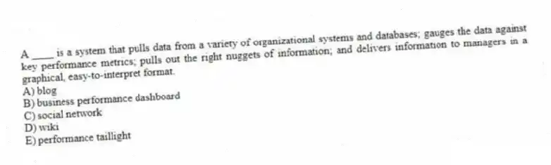 A ____ is a system that pulls data from a variety of organizational systems and databases; gauges the data against key performance metrics; pulls out the right nuggets of information; and delivers information to managers in a graphical, easy-to-interpret format.
A) blog
B) business performance dashboard
C) social network
D) wiki
E) performance taillight