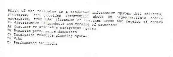 Which of the following is a networked information system that collects, processes, and provides information about an organization's entire enterprise, from identification of customer needs and receipt of orders to distribution of products and receipt of payments?
A) Customer relationship management system
B) Business performance dashboard
C) Enterprise resource planning system
D) Wiki
E) Performance taillight