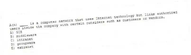 A(n) ____ is a computer network that uses Internet technology but links authorized users inside the company with certain outsiders such as customers or vendors.
A) GIS
B) middleware
C) intranet
D) groupware
E) extranet