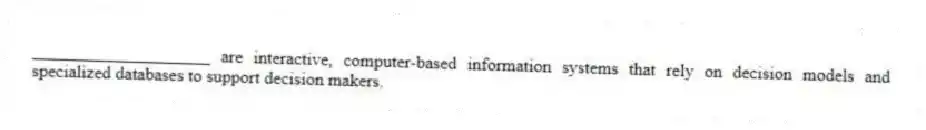 ____________________ are interactive, computer-based information systems that rely on decision models and specialized databases to support decision makers.