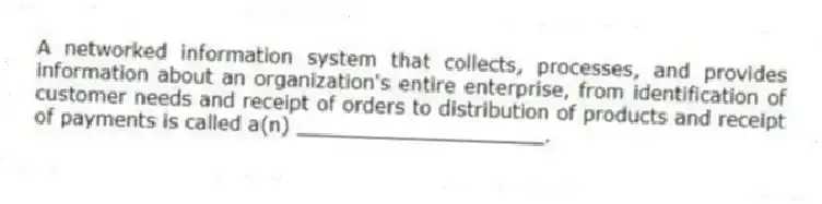 A networked information system that collects, processes, and provides information about an organization's entire enterprise, from identification of customer needs and receipt of orders to distribution of products and receipt of payments is called a(n) ____________________.