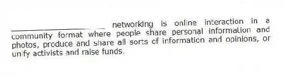 ____________________ networking is online interaction in a community format where people share personal information and photos, produce and share all sorts of information and opinions, or unify activists and raise funds.