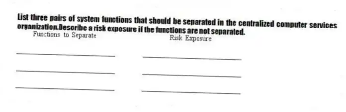 List three pairs of system functions that should be separated in the centralized computer services organization.Describe a risk exposure if the functions are not separated.