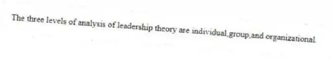 The three levels of analysis of leadership theory are individual,group,and organizational.