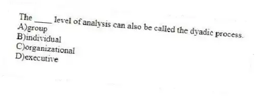 The ____ level of analysis can also be called the dyadic process.
A)group
B)individual
C)organizational
D)executive