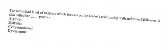 The individual level of analysis which focuses on the leader's relationship with individual followers is also called the ____ process.
A)group
B)dyadic
C)organizational
D)conceptual