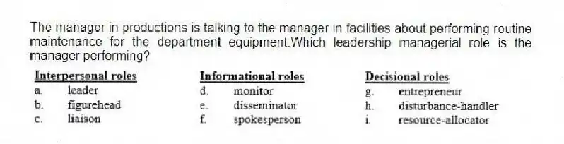 The manager in productions is talking to the manager in facilities about performing routine maintenance for the department equipment.Which leadership managerial role is the manager performing?