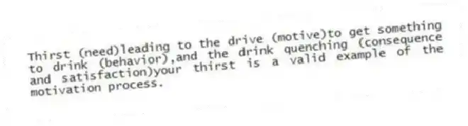Thirst (need)leading to the drive (motive)to get something to drink (behavior),and the drink quenching (consequence and satisfaction)your thirst is a valid example of the motivation process.