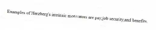 Examples of Herzberg's intrinsic motivators are pay,job security,and benefits.