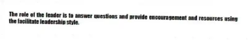 The role of the leader is to answer questions and provide encouragement and resources using the facilitate leadership style.