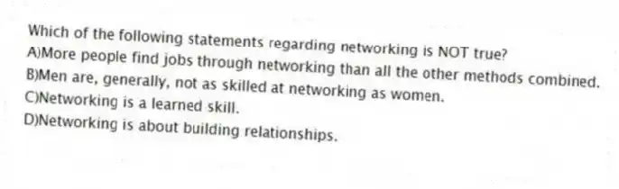 Which of the following statements regarding networking is NOT true?
A)More people find jobs through networking than all the other methods combined.
B)Men are, generally, not as skilled at networking as women.
C)Networking is a learned skill.
D)Networking is about building relationships.