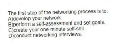 The first step of the networking process is to:
A)develop your network.
B)perform a self-assessment and set goals.
C)create your one-minute self-sell.
D)conduct networking interviews.