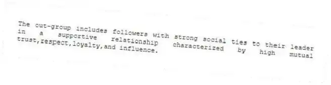 The out-group includes followers with strong social ties to their leader in a supportive relationship characterized by high mutual trust,respect,loyalty,and influence.