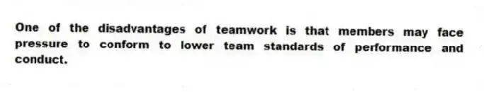 One of the disadvantages of teamwork is that members may face pressure to conform to lower team standards of performance and conduct.