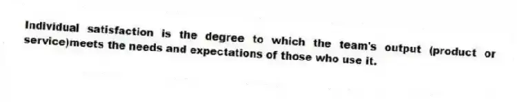 Individual satisfaction is the degree to which the team's output (product or service)meets the needs and expectations of those who use it.