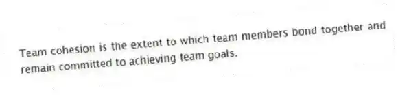 Team cohesion is the extent to which team members bond together and remain committed to achieving team goals.