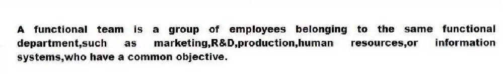 A functional team is a group of employees belonging to the same functional department,such as marketing,R&D,production,human resources,or information systems,who have a common objective.