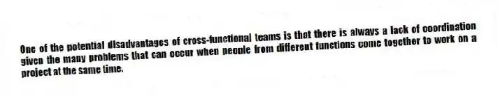 One of the potential disadvantages of cross-functional teams is that there is always a lack of coordination given the many problems that can occur when people from different functions come together to work on a project at the same time.