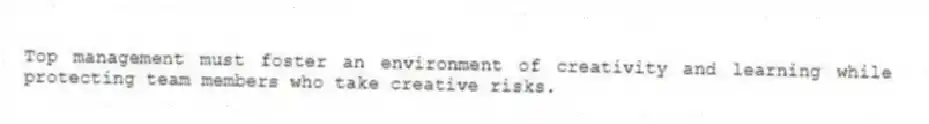 Top management must foster an environment of creativity and learning while protecting team members who take creative risks.