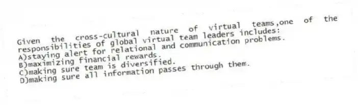 Given the cross-cultural nature of virtual teams,one of the responsibilities of global virtual team leaders includes:
A)staying alert for relational and communication problems.
B)maximizing financial rewards.
C)making sure team is diversified.
D)making sure all information passes through them.