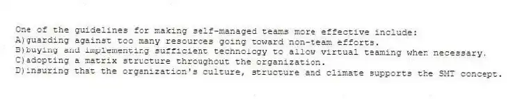 One of the guidelines for making self-managed teams more effective include:
A)guarding against too many resources going toward non-team efforts.
B)buying and implementing sufficient technology to allow virtual teaming when necessary.
C)adopting a matrix structure throughout the organization.
D)insuring that the organization's culture, structure and climate supports the SMT concept.