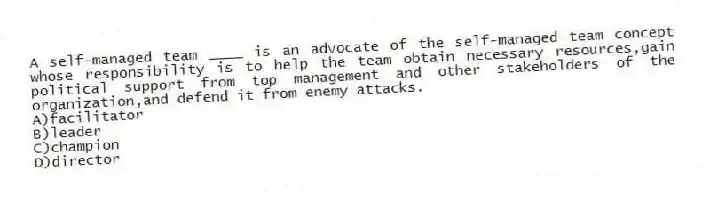A self-managed team ____ is an advocate of the self-managed team concept whose responsibility is to help the team obtain necessary resources,gain political support from top management and other stakeholders of the organization,and defend it from enemy attacks.
A)facilitator
B)leader
C)champion
D)director