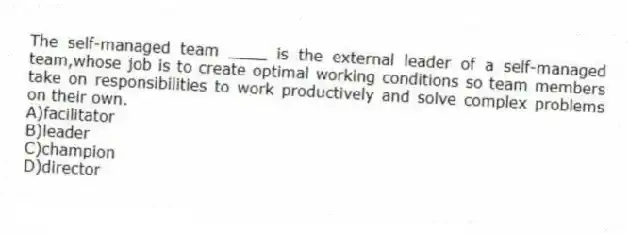 The self-managed team ____ is the external leader of a self-managed team,whose job is to create optimal working conditions so team members take on responsibilities to work productively and solve complex problems on their own.
A)facilitator
B)leader
C)champion
D)director