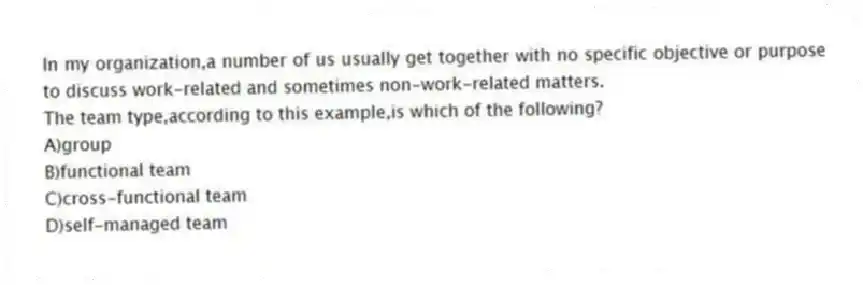 In my organization,a number of us usually get together with no specific objective or purpose to discuss work-related and sometimes non-work-related matters.
The team type,according to this example,is which of the following?
A)group
B)functional team
C)cross-functional team
D)self-managed team