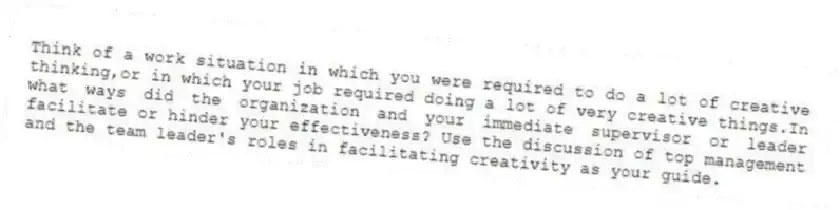 Think of a work situation in which you were required to do a lot of creative thinking,or in which your job required doing a lot of very creative things.In what ways did the organization and your immediate supervisor or leader facilitate or hinder your effectiveness? Use the discussion of top management and the team leader's roles in facilitating creativity as your guide.