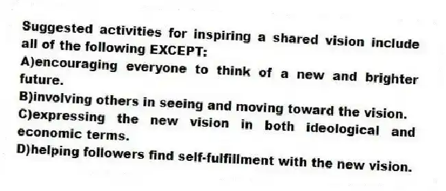 Suggested activities for inspiring a shared vision include all of the following EXCEPT:
A)encouraging everyone to think of a new and brighter future.
B)involving others in seeing and moving toward the vision.
C)expressing the new vision in both ideological and economic terms.
D)helping followers find self-fulfillment with the new vision.
