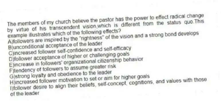 The members of my church believe the pastor has the power to effect radical change by virtue of his transcendent vision,which is different from the status quo.This example illustrates which of the following effects?
A)followers are inspired by the "rightness" of the vision and a strong bond develops
B)unconditional acceptance of the leader
C)increased follower self-confidence and self-efficacy
D)follower acceptance of higher or challenging goals
E)increase in followers' organizational citizenship behavior
F)tendency of followers to assume greater risk
G)strong loyalty and obedience to the leader
H)increased follower motivation to set or aim for higher goals
I)follower desire to align their beliefs, self-concept, cognitions, and values with those of the leader