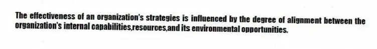 The effectiveness of an organization's strategies is influenced by the degree of alignment between the organization's internal capabilities,resources,and its environmental opportunities.