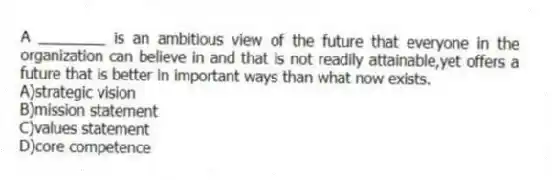 A ________ is an ambitious view of the future that everyone in the organization can believe in and that is not readily attainable,yet offers a future that is better in important ways than what now exists.
A)strategic vision
B)mission statement
C)values statement
D)core competence
