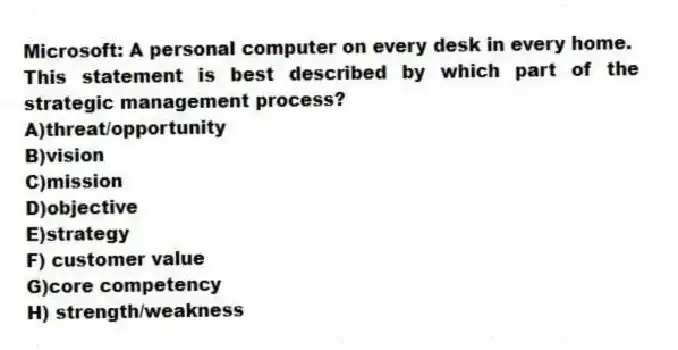 Microsoft: A personal computer on every desk in every home.
This statement is best described by which part of the strategic management process?
A)threat/opportunity
B)vision
C)mission
D)objective
E)strategy
F) customer value
G)core competency
H) strength/weakness