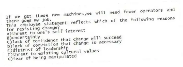 If we get these new machines,we will need fewer operators and there goes my job.
This employee statement reflects which of the following reasons for resisting change?
A)threat to one's self interest
B)uncertainty
C)lack of confidence that change will succeed
D)lack of conviction that change is necessary
E)distrust of leadership
F)threat to existing cultural values
G)fear of being manipulated