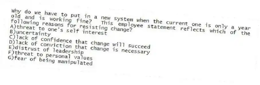 Why do we have to put in a new system when the current one is only a year old and is working fine? This employee statement reflects which of the following reasons for resisting change?
A)threat to one's self interest
B)uncertainty
C)lack of confidence that change will succeed
D)lack of conviction that change is necessary
E)distrust of leadership
F)threat to personal values
G)fear of being manipulated