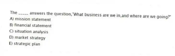 The _____ answers the question,"What business are we in,and where are we going?"
A) mission statement
B) financial statement
C) situation analysis
D) market strategy
E) strategic plan