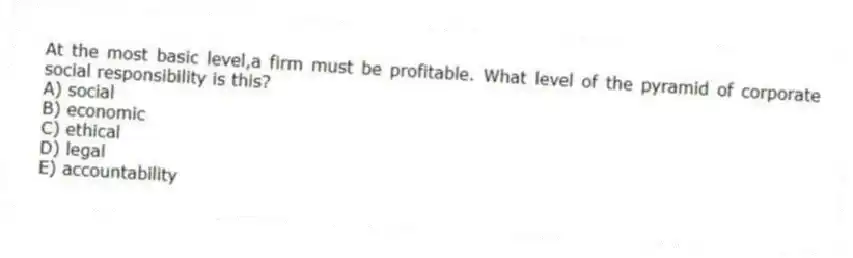 At the most basic level,a firm must be profitable. What level of the pyramid of corporate social responsibility is this?
A) social
B) economic
C) ethical
D) legal
E) accountability