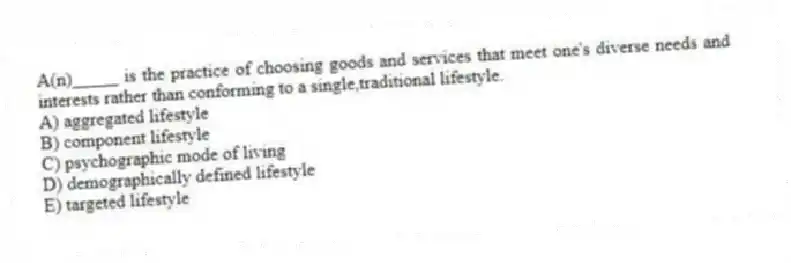 A(n)_____ is the practice of choosing goods and services that meet one's diverse needs and interests rather than conforming to a single,traditional lifestyle.
A) aggregated lifestyle
B) component lifestyle
C) psychographic mode of living
D) demographically defined lifestyle
E) targeted lifestyle