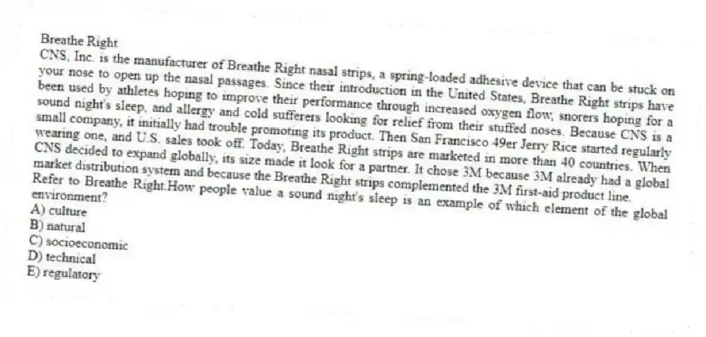Breathe Right
CNS, Inc. is the manufacturer of Breathe Right nasal strips, a spring-loaded adhesive device that can be stuck on your nose to open up the nasal passages. Since their introduction in the United States, Breathe Right strips have been used by athletes hoping to improve their performance through increased oxygen flow, snorers hoping for a sound night's sleep, and allergy and cold sufferers looking for relief from their stuffed noses. Because CNS is a small company, it initially had trouble promoting its product. Then San Francisco 49er Jerry Rice started regularly wearing one, and U.S. sales took off. Today, Breathe Right strips are marketed in more than 40 countries. When CNS decided to expand globally, its size made it look for a partner. It chose 3M because 3M already had a global market distribution system and because the Breathe Right strips complemented the 3M first-aid product line.
-Refer to Breathe Right.How people value a sound night's sleep is an example of which element of the global environment?
A) culture
B) natural
C) socioeconomic
D) technical
E) regulatory