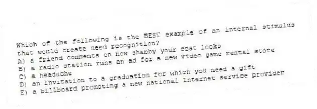 Which of the following is the BEST example of an internal stimulus that would create need recognition?
A) a friend comments on how shabby your coat looks
B) a radio station runs an ad for a new video game rental store
C) a headache
D) an invitation to a graduation for which you need a gift
E) a billboard promoting a new national Internet service provider