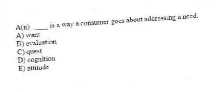 A(n)_____ is a way a consumer goes about addressing a need.
A) want
B) evaluation
C) quest
D) cognition
E) attitude