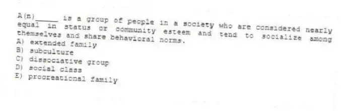 A(n)_____ is a group of people in a society who are considered nearly equal in status or community esteem and tend to socialize among themselves and share behavioral norms.
A) extended family
B) subculture
C) dissociative group
D) social class
E) procreational family