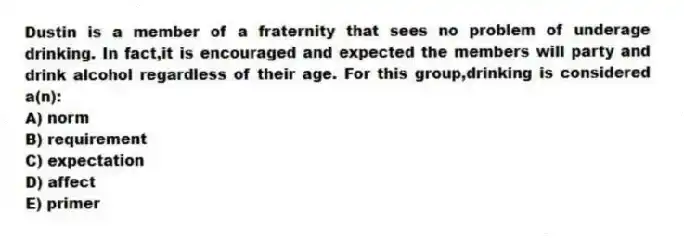 Dustin is a member of a fraternity that sees no problem of underage drinking. In fact,it is encouraged and expected the members will party and drink alcohol regardless of their age. For this group,drinking is considered a(n):
A) norm
B) requirement
C) expectation
D) affect
E) primer