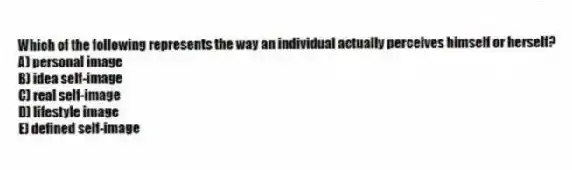 Which of the following represents the way an individual actually perceives himself or herself?
A) personal image
B) idea self-image
C) real self-image
D) lifestyle image
E) defined self-image