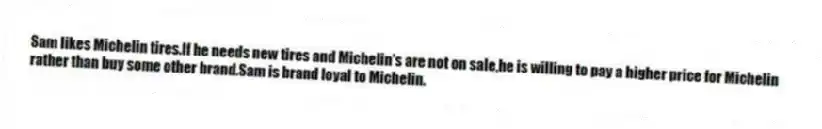 Sam likes Michelin tires.If he needs new tires and Michelin's are not on sale,he is willing to pay a higher price for Michelin rather than buy some other brand.Sam is brand loyal to Michelin.